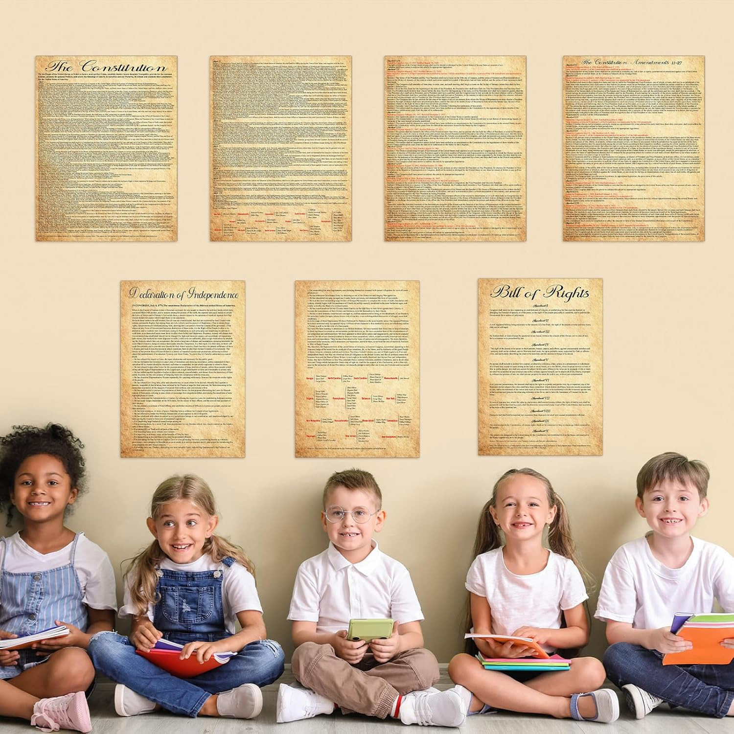 7-Piece Vintage American Founding Documents Poster Set for Home or Classroom