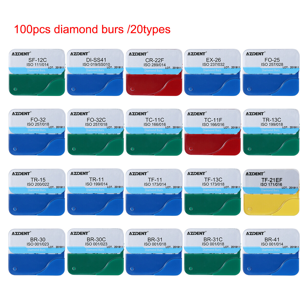 100pcs 20Types Dental High Speed Handpiece Diamond Burs Drills Medium FG 1.6mm