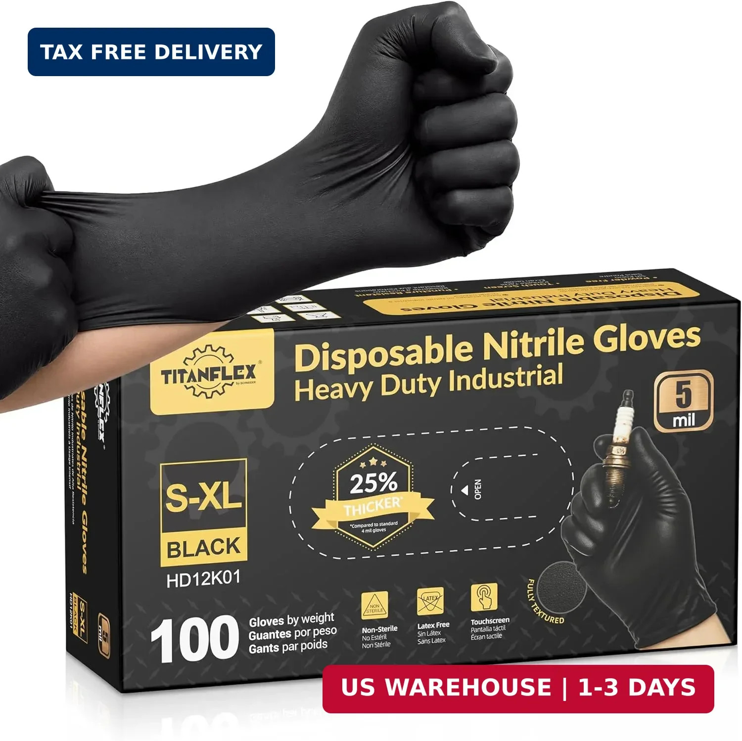 TitanFlex Black Nitrile Disposable Gloves, 5 Mil, Fully Textured, Heavy Duty Ind