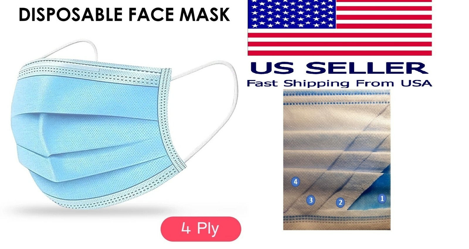 50 pcs 4-Ply Blue Face Mask Earloop Surgical Medical DENTAL AUTHORIZED LEVEL 3