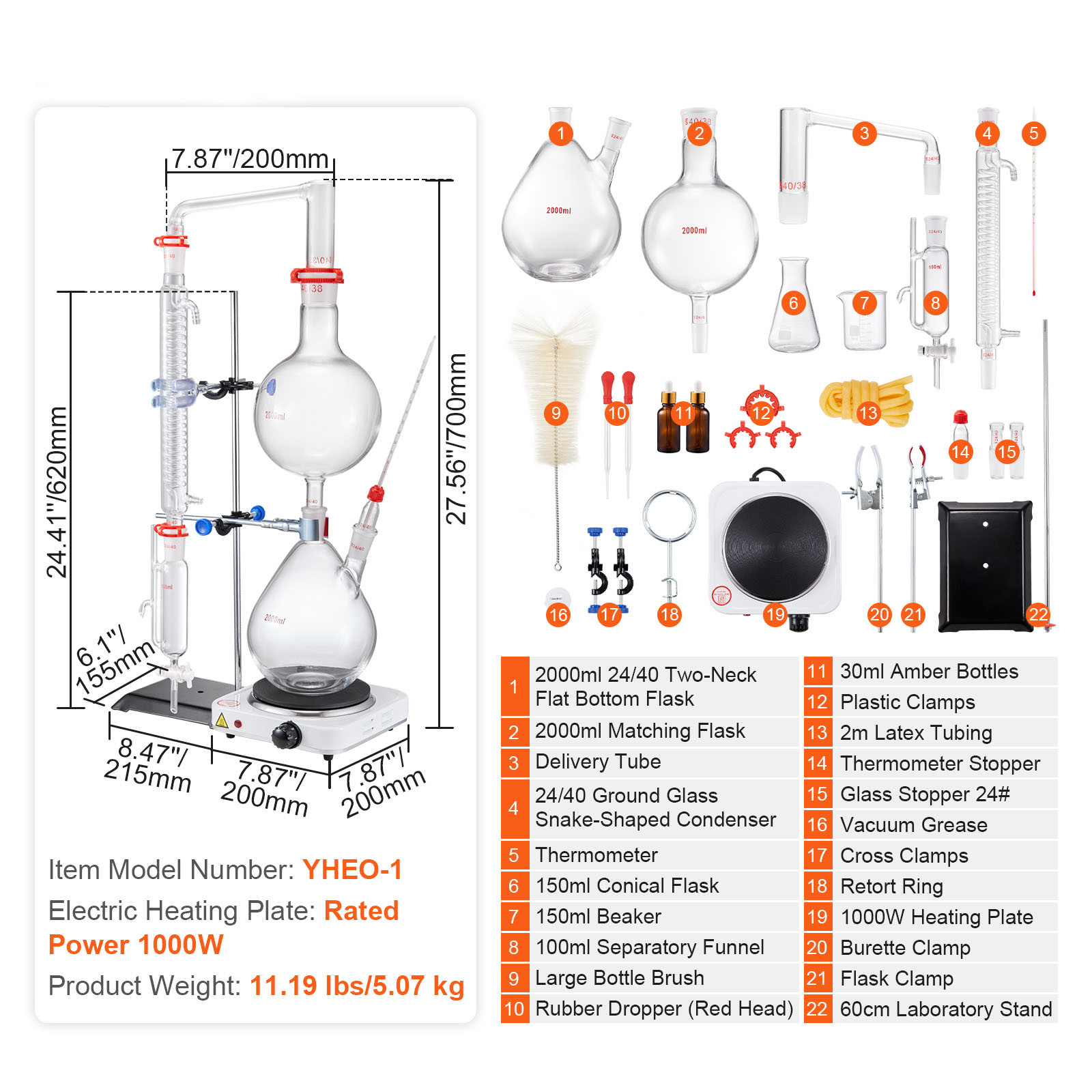 VEVOR 2L Essential Oil Steam Distillation Kit Distillation Apparatus 28 pcs Set