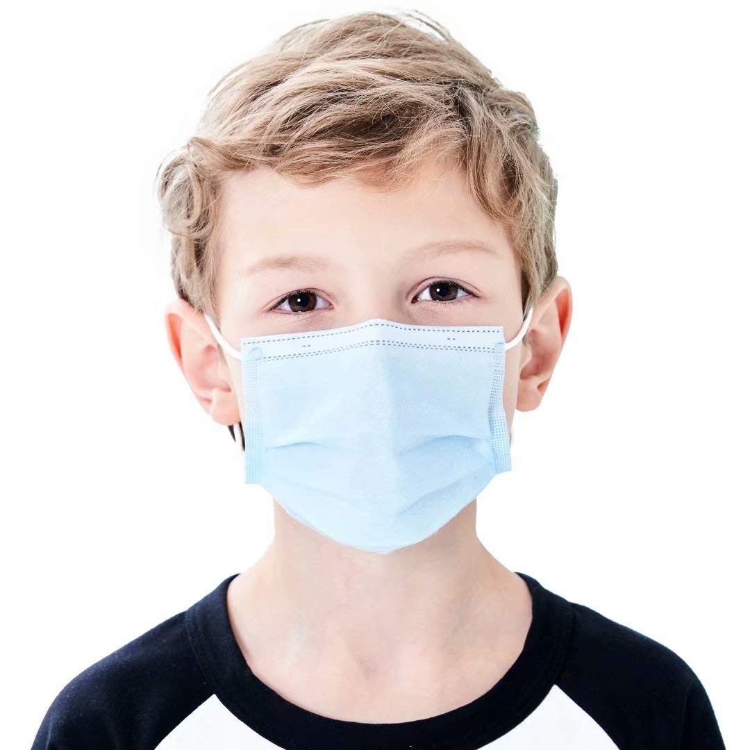 Kids Disposable Face Mask 50 Pack 3-Layer Filter Ages 5-12 Blue