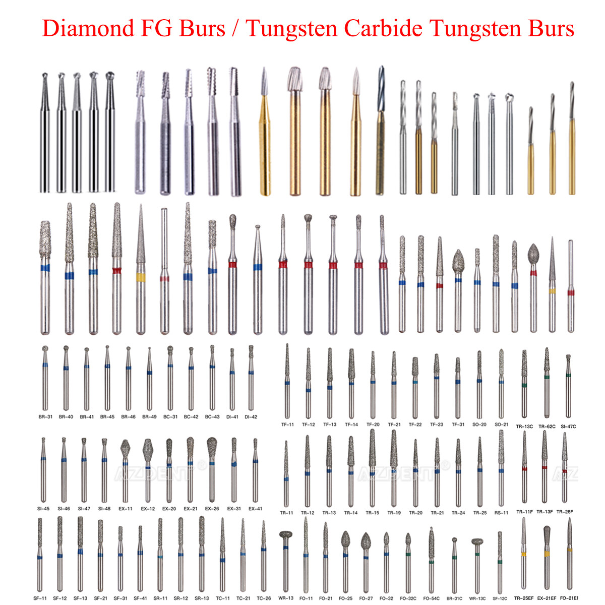 AZDENT Dental FG Burs Diamond Tungsten Carbide Drill for High Speed Handpiece