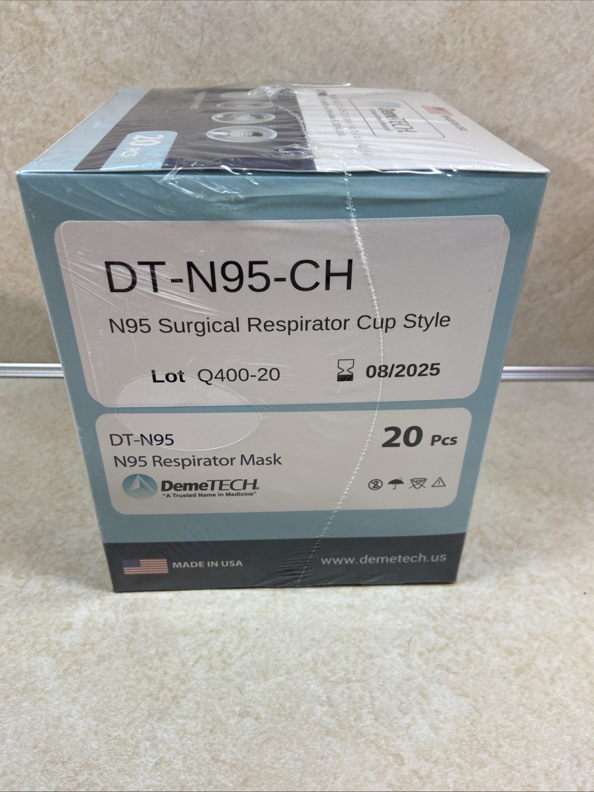 DEMETECH N95 Respirator Face Mask, NIOSH Approved, Made in the USA, Pack of 20