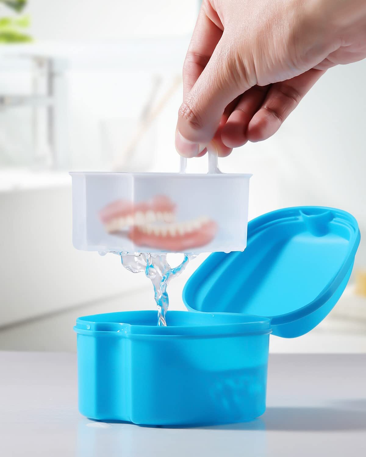 JMU Denture Bath Case Cup Box Holder Storage Soak Container with Strainer Basket