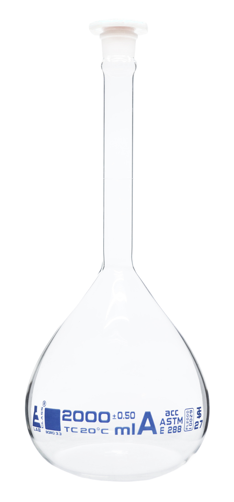 2000mL Volumetric Flask with Polypropylene Stopper, ASTM, Class A – Borosilicate