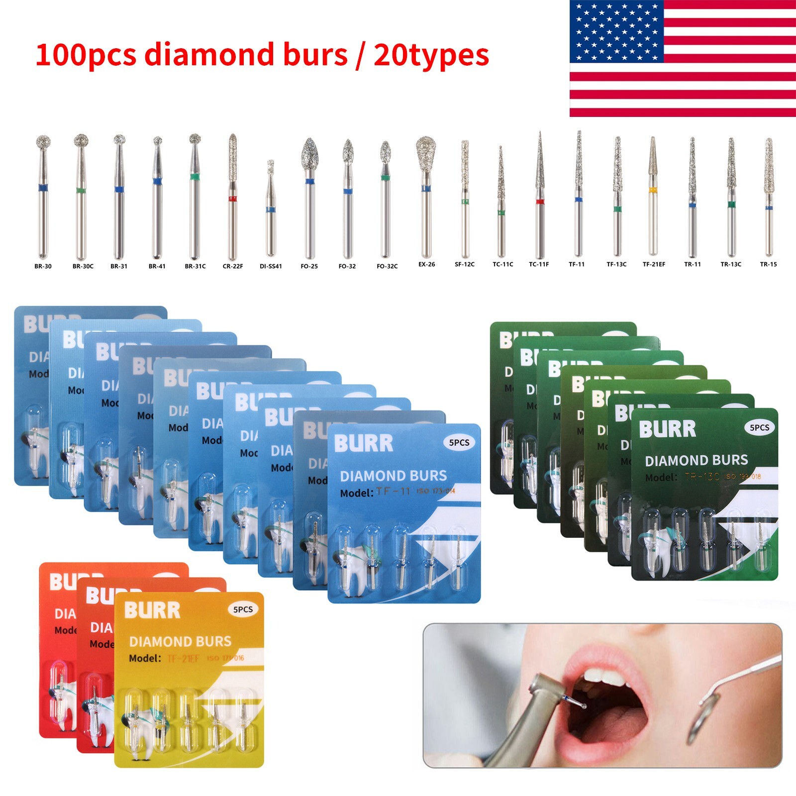 100pcs Dental Diamond Burs for High Speed Handpiece Medium Friction Grip 20Types