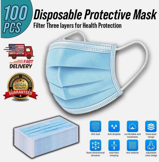 100 PCS Disposable Face Mask Non Medical Surgical 3 Ply Ear loop Blue Masks