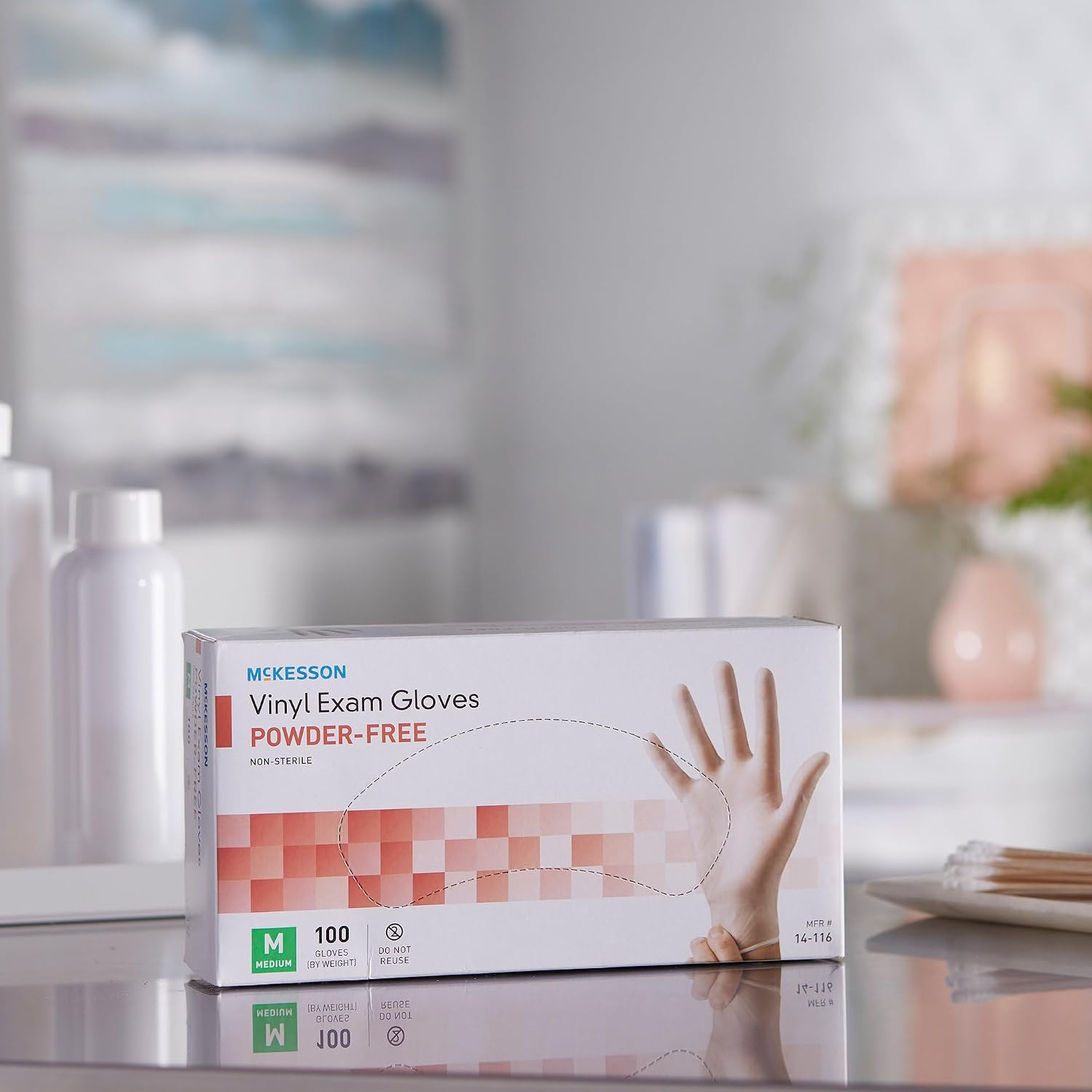 Vinyl Exam Gloves, Non-Sterile, Powder-Free, Medium, 100 Count, 1 Box