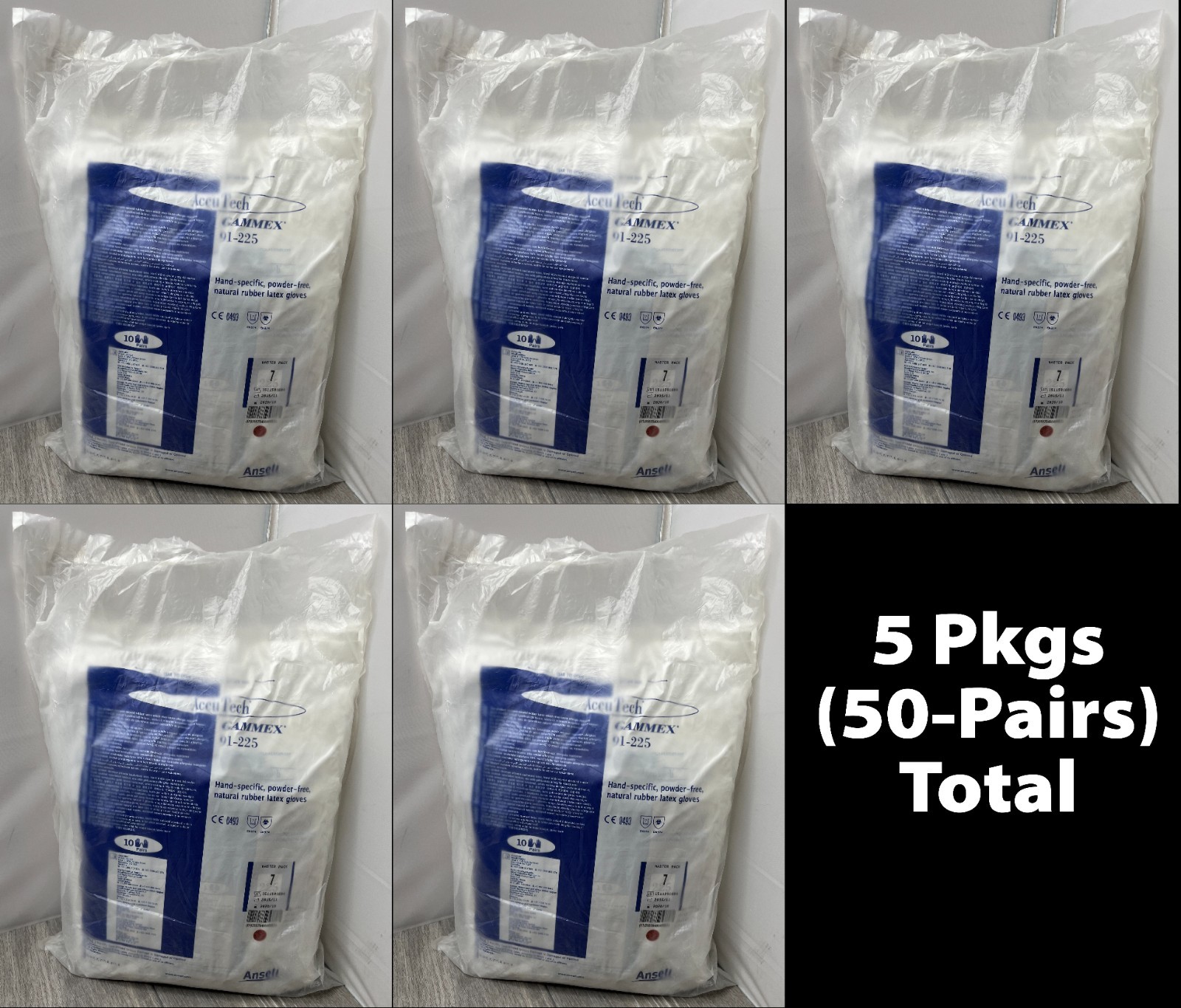 50-Pair Ansell AccuTech 91-225 Powder-Free Sterile Nat. Rubber Latex Gloves Sz 7