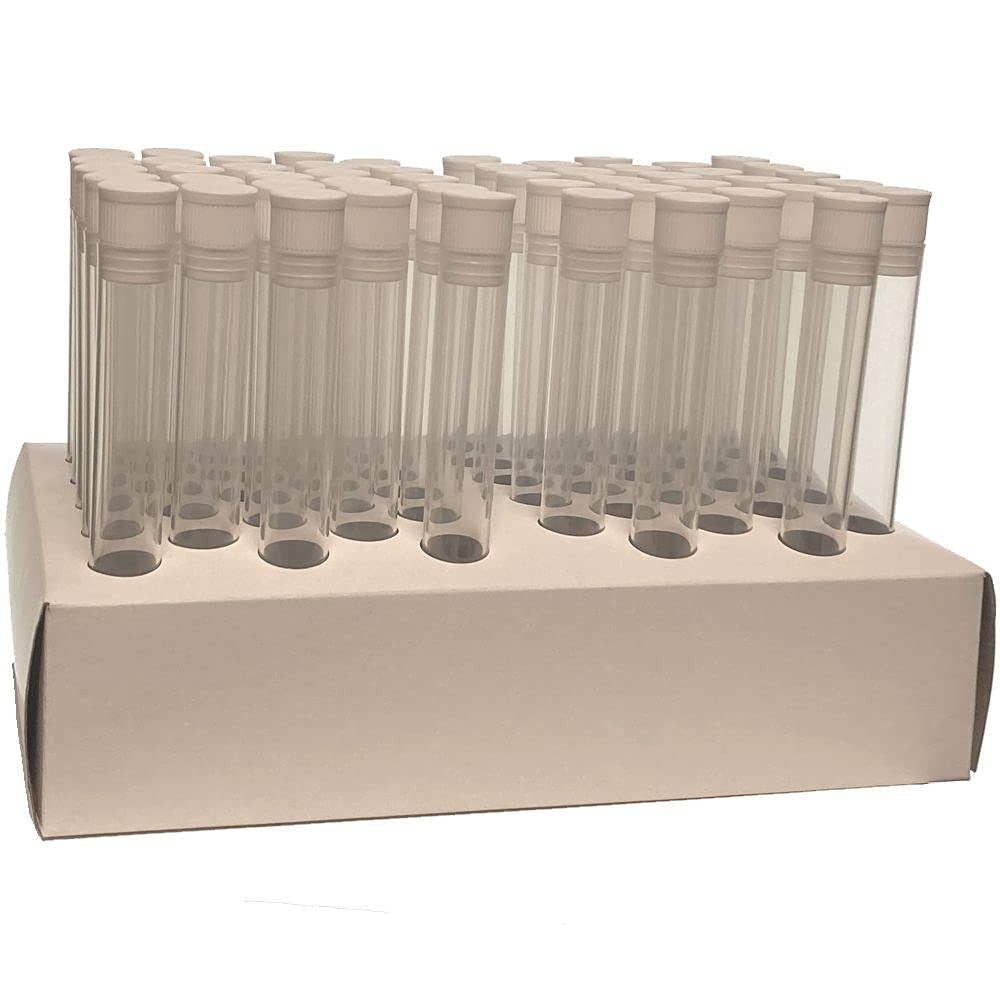Natural 16x125mm Polypropylene Plastic Test Tube Set White Caps Rack 50 Pack