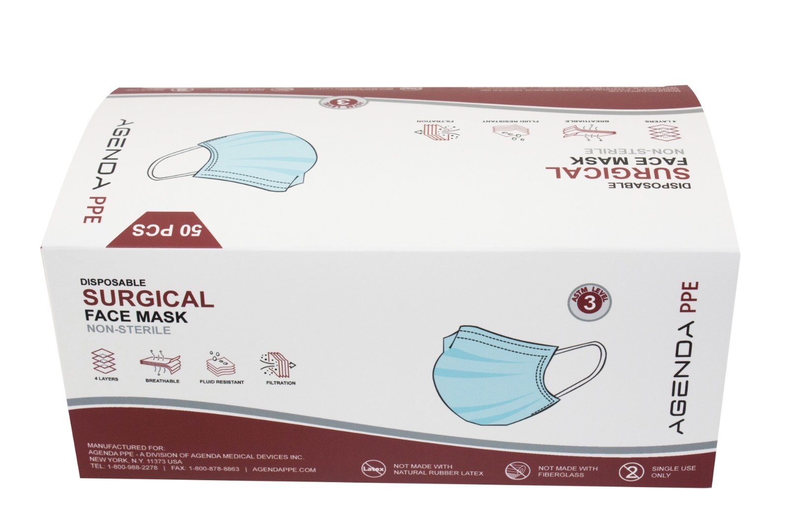 Agenda PPE – Level 3 ASTM Disposable Face Masks Blue 3 Ply Earloop – 600pcs