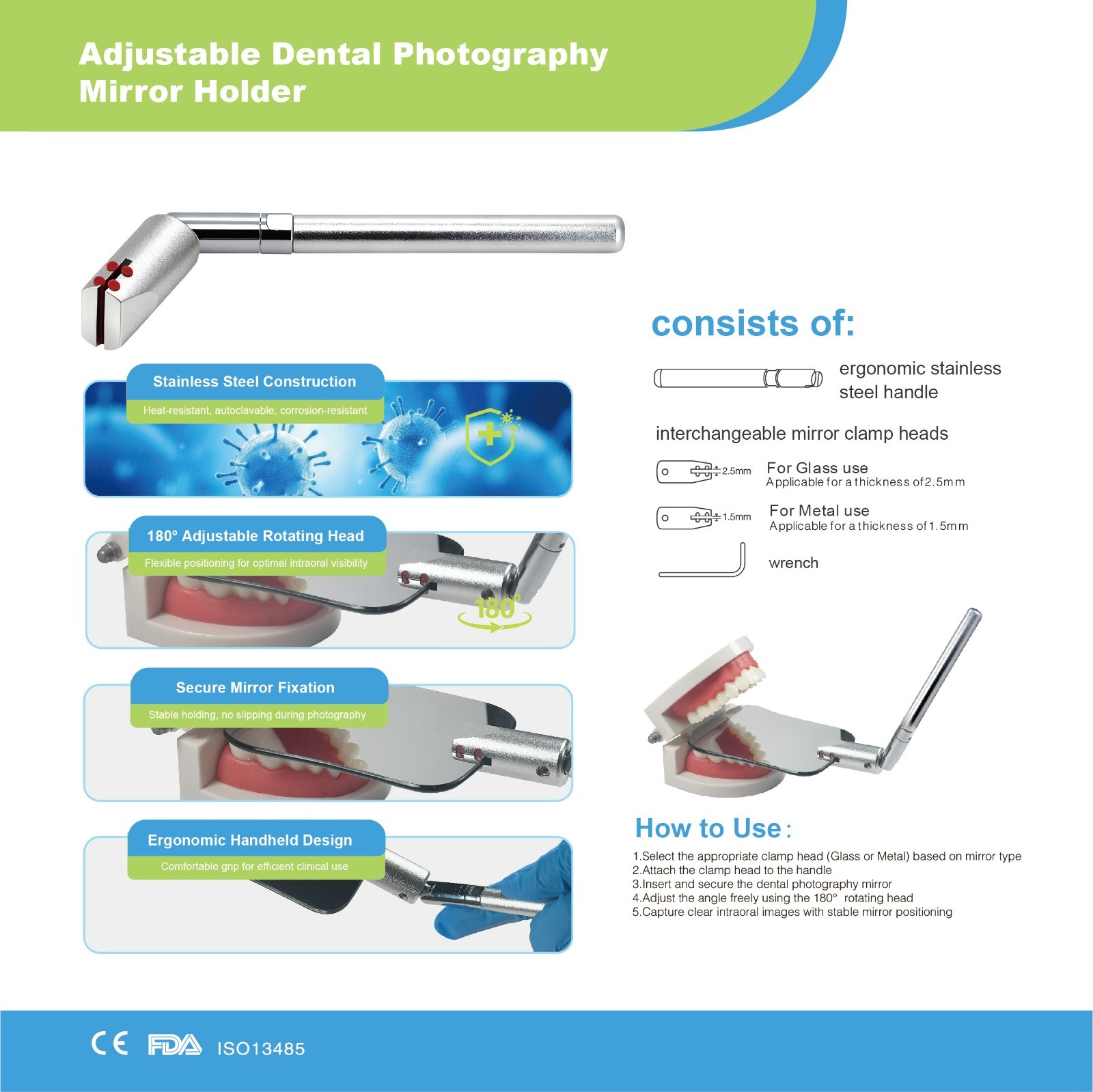 Adjustable 180° Dental Photography Mirror Holder For Glass Metal Mirror Tool