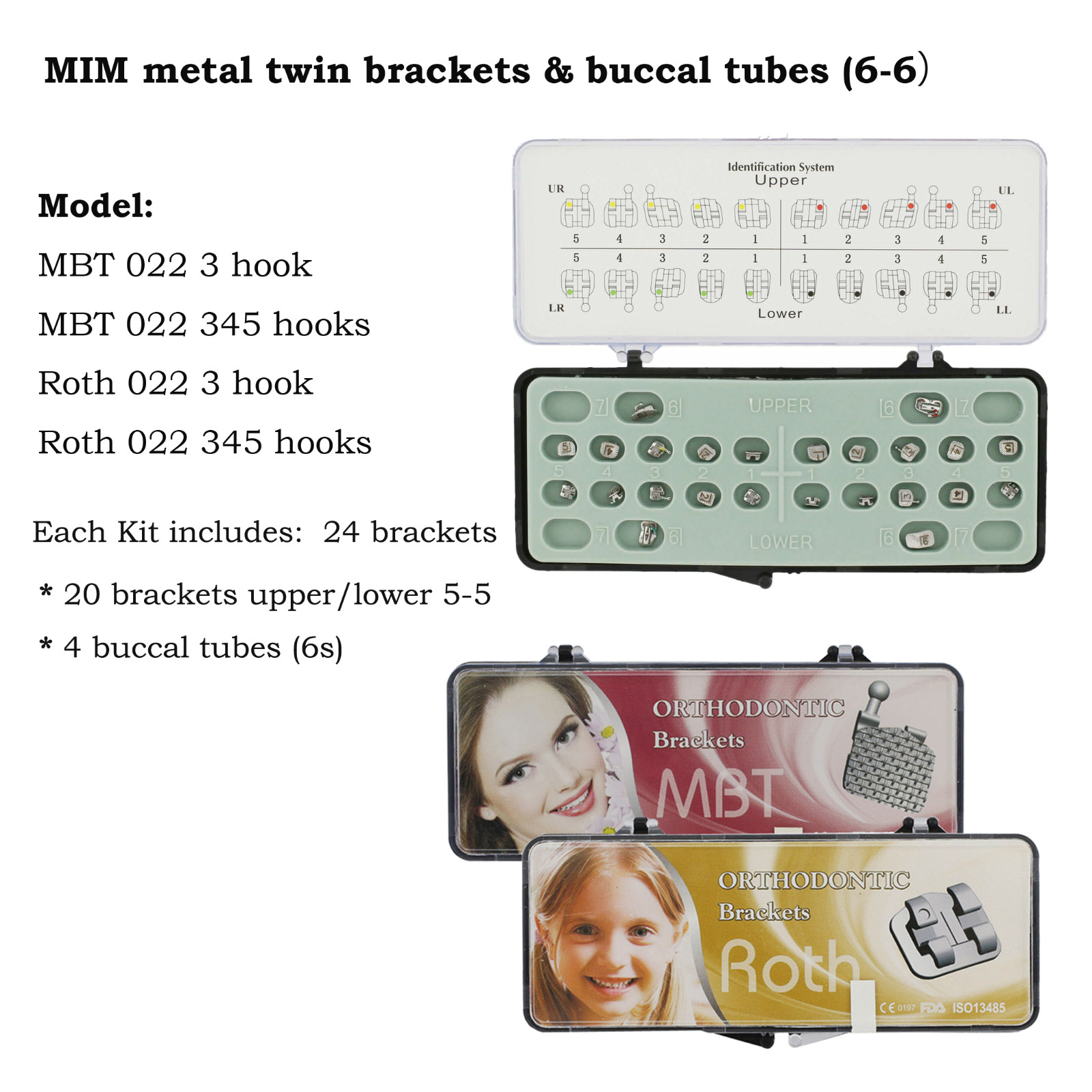 Dental Mini Brackets Orthodontic Braces Metal Roth MBT 022 3 / 345 Hooks 6-6 MIM