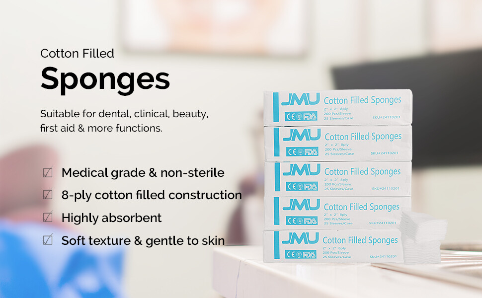 JMU Disposable Cotton Filled Sponge Medical Cotton Gauze Pads 8-Ply 2″X2″