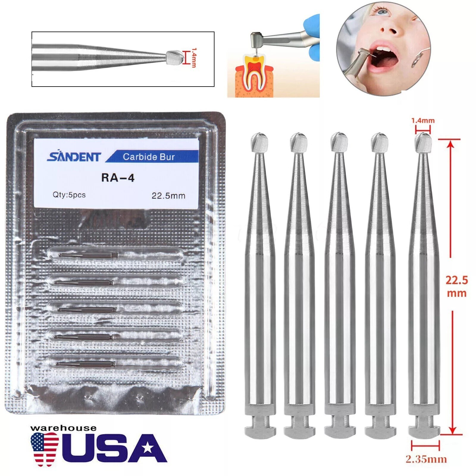 5 Pcs/Pack Dental 22.5mm Round Carbide Bur Slow Speed Latch Type RA4 Burs USA
