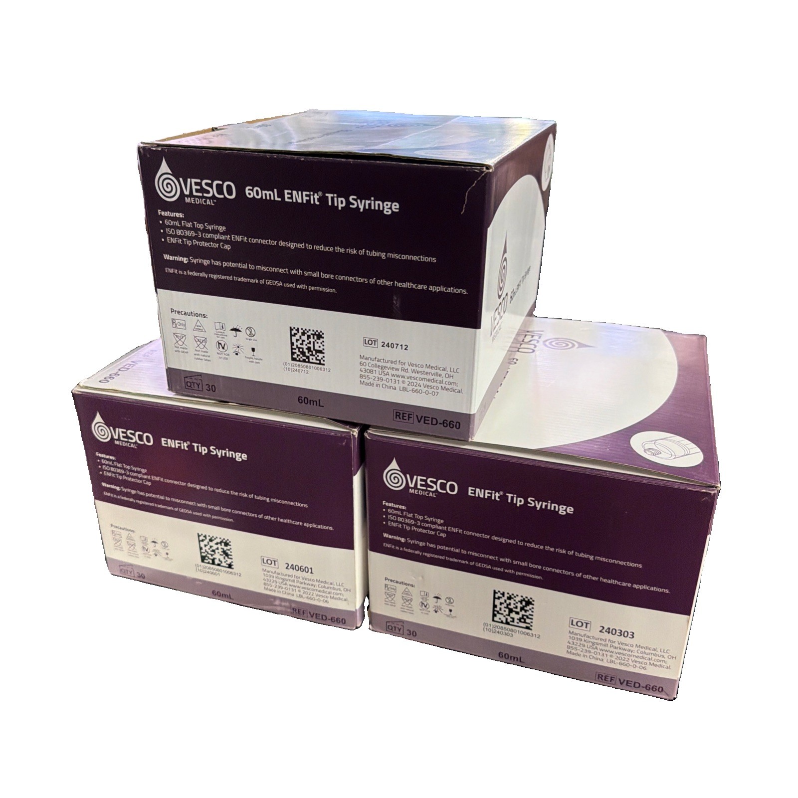 New Vesco Medical ENFIT Tip Syringe 60ML VED-660 (85 Total 3 Boxes)