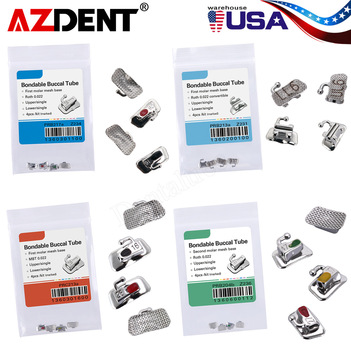 AZDENT Dental Ortho Buccal Tube 1st/2nd Molar Roth/MBT 018/022 Non-Conv Bondable