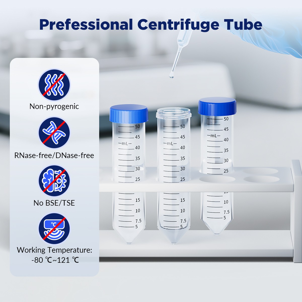 50mL Conical Centrifuge Test Tubes,Sterile,w/Screw Caps Graduated Write-on Spot