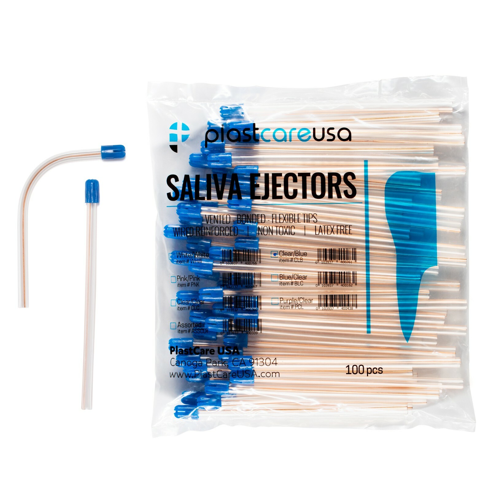 100 (1 Bag) Saliva Ejectors Ejector CLEAR/BLUE Dental Suction Tips Disposable