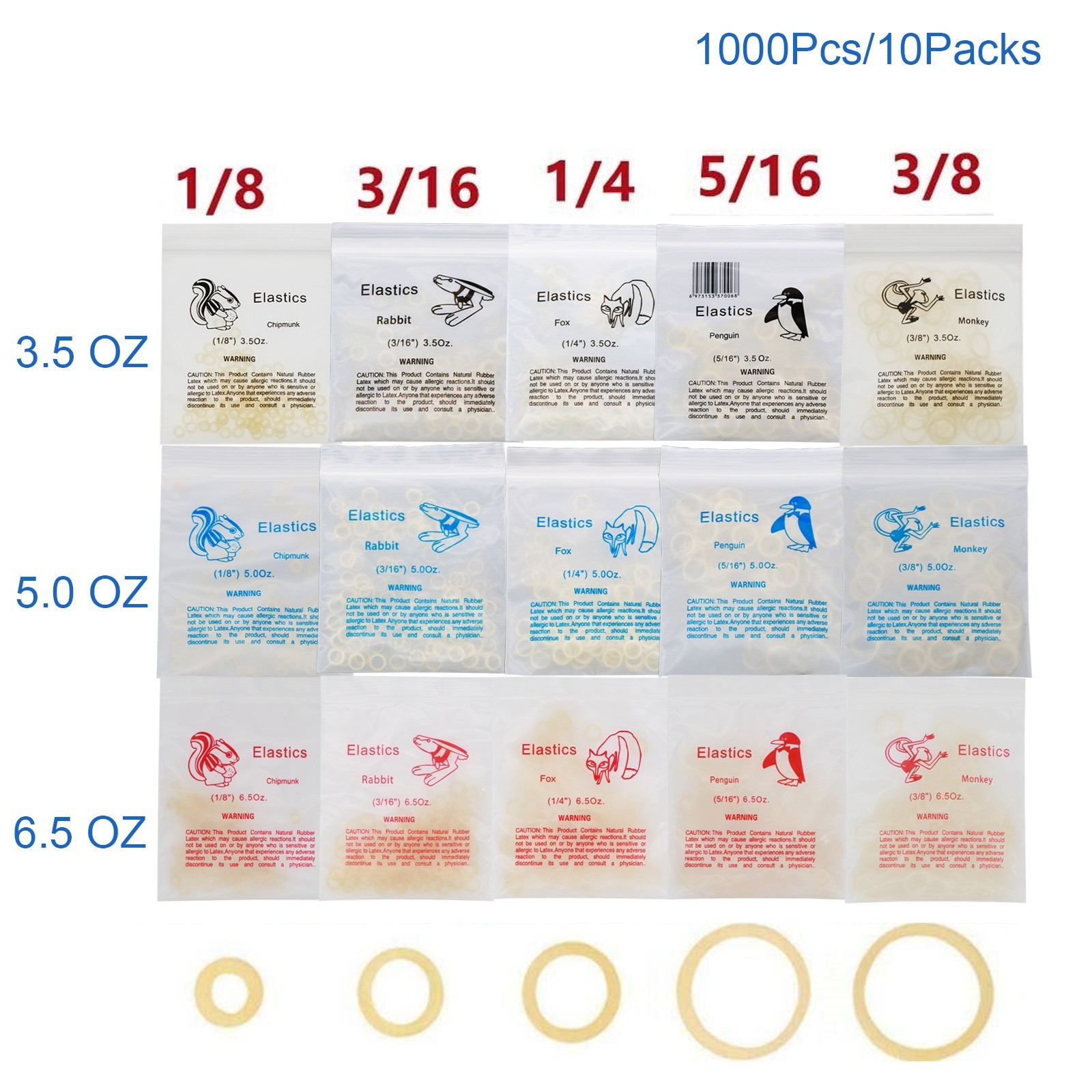 US 15Sizes Dental Orthodontic Rubber Bands Elastics Latex Braces 3.5/5.0/6.5 OZ