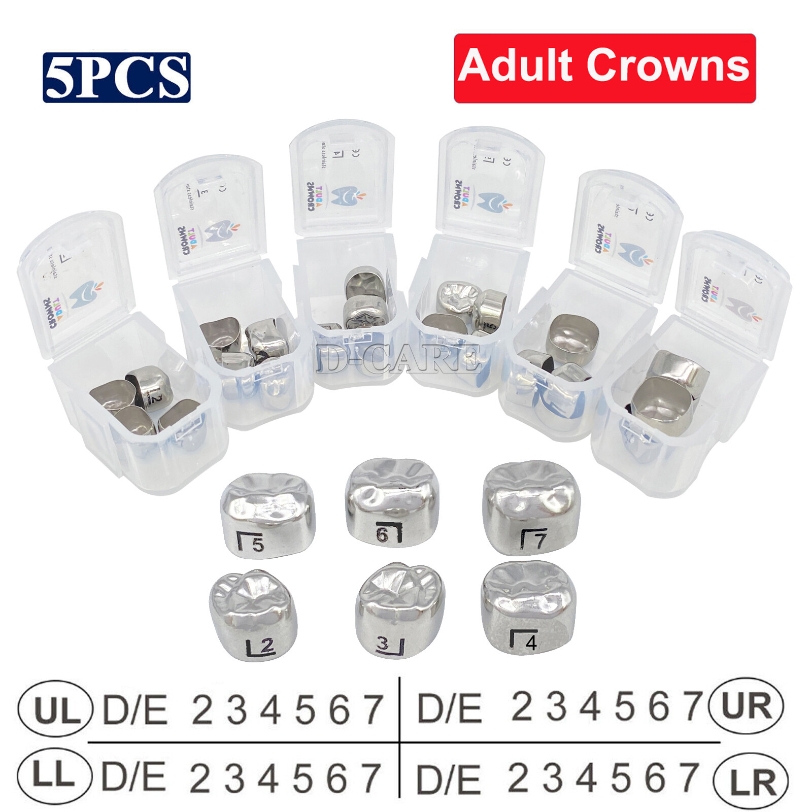 Dental Adult Crown Stainless Steel Primary Permanent Molar Crowns 5Pcs/Box