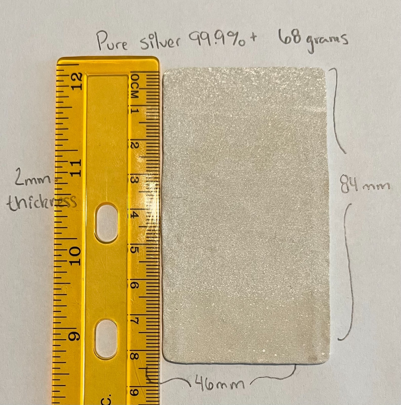 99.9%+ pure SILVER 68g Anode / Cathode rough cut plate.