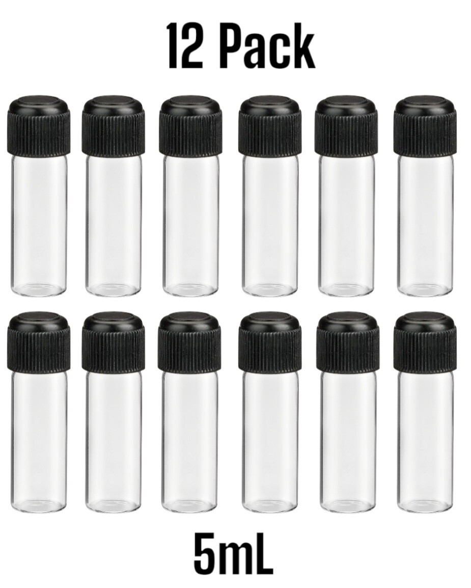 5mL Small Clear Glass Vials with Black Screw Cap ( 12 Count )
