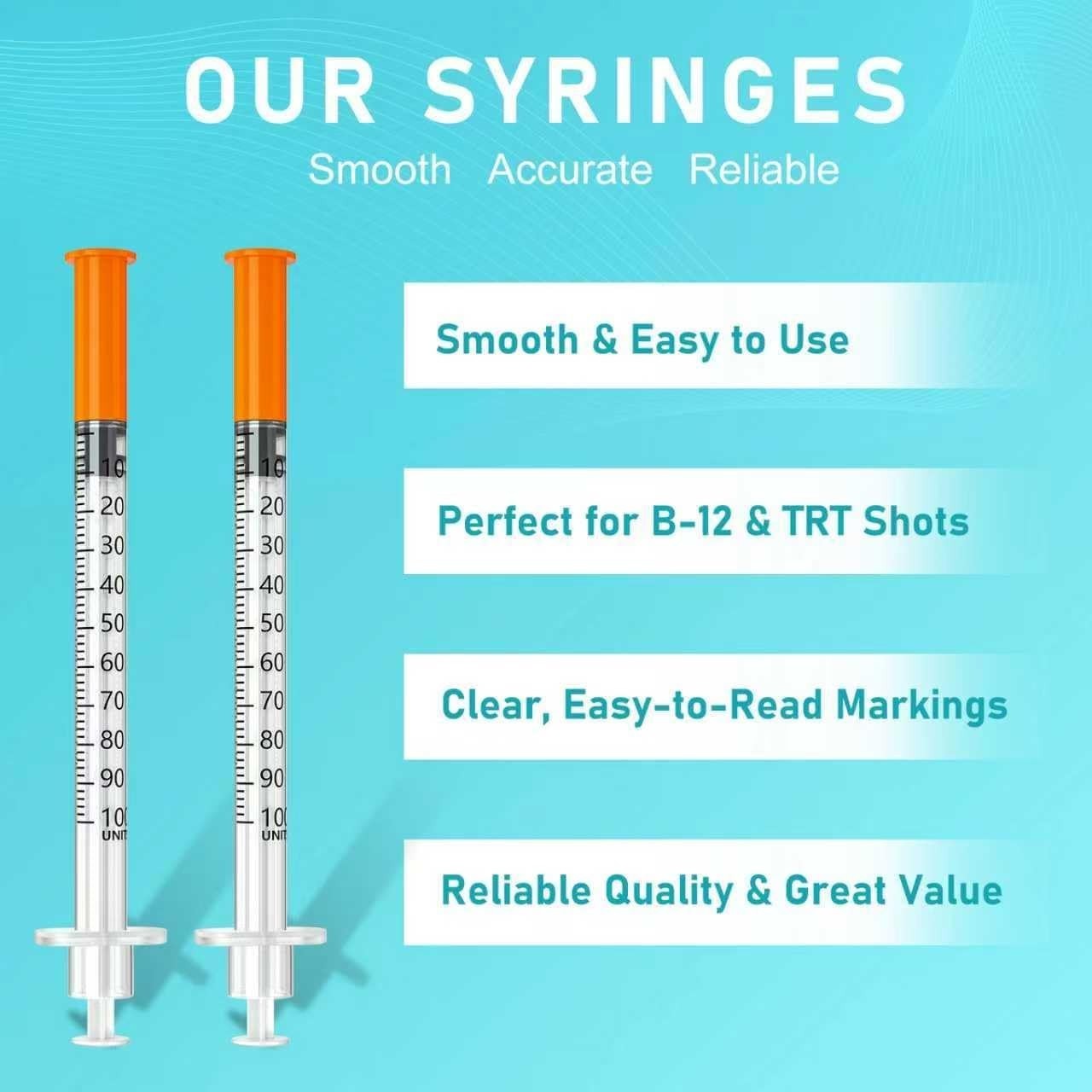 High Precision U-100 Syringes 31G 1/2 Inch, 100 Pack – Smooth Plunger Operation