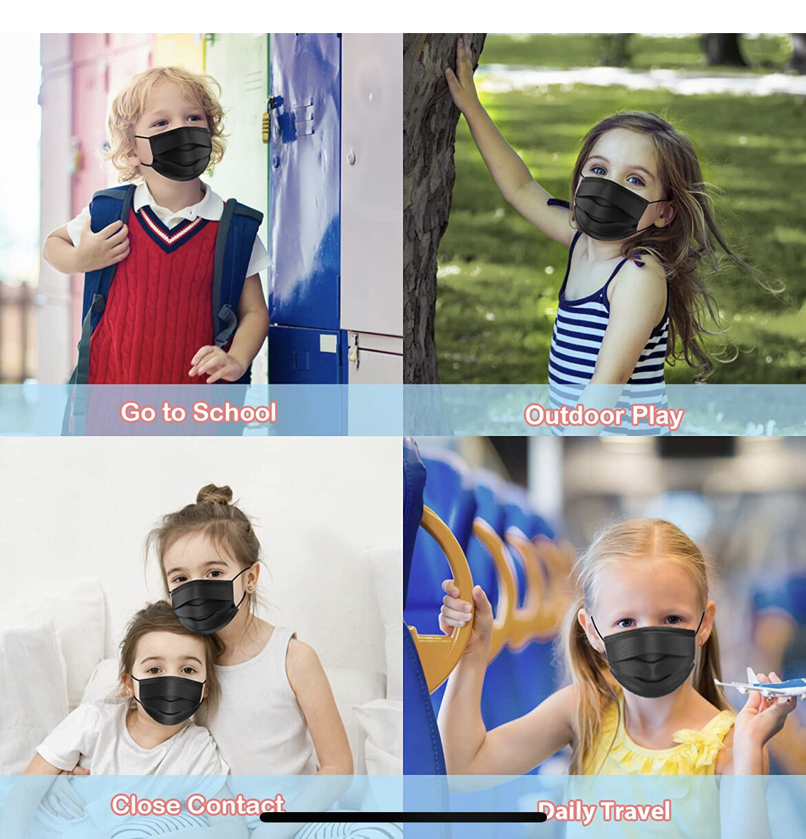 100 PCS Disposable Kids Face Mask Non Medical 3 Ply Ear loop Black Toddler Masks