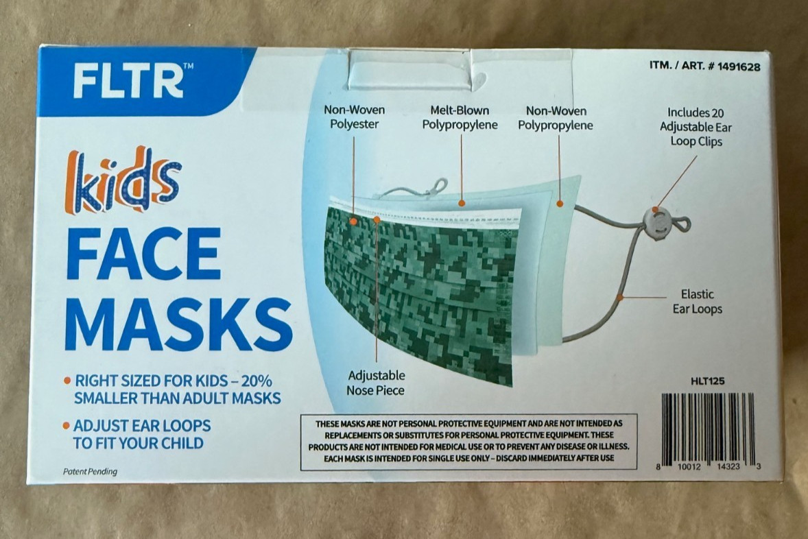 FLTR Kids Face Mask -50 Masks Includes 20 Adjustable Ear Loop Clips – NEW