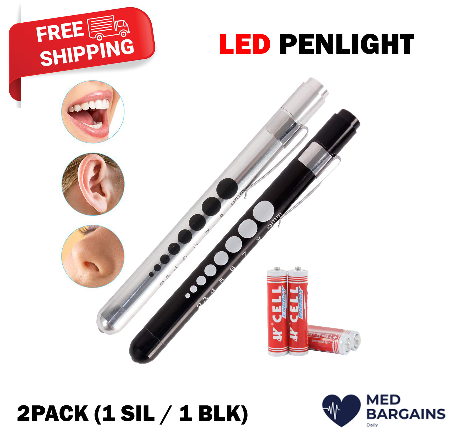 Ever Ready First Aid LED Medical Pen Light Pupil Gauge – 2PACK Black and Silver