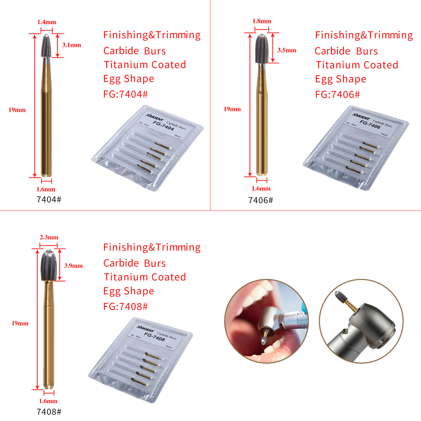 10 Pcs Dental Carbide Trimming & Finishing Burs FG7404/7406/7408