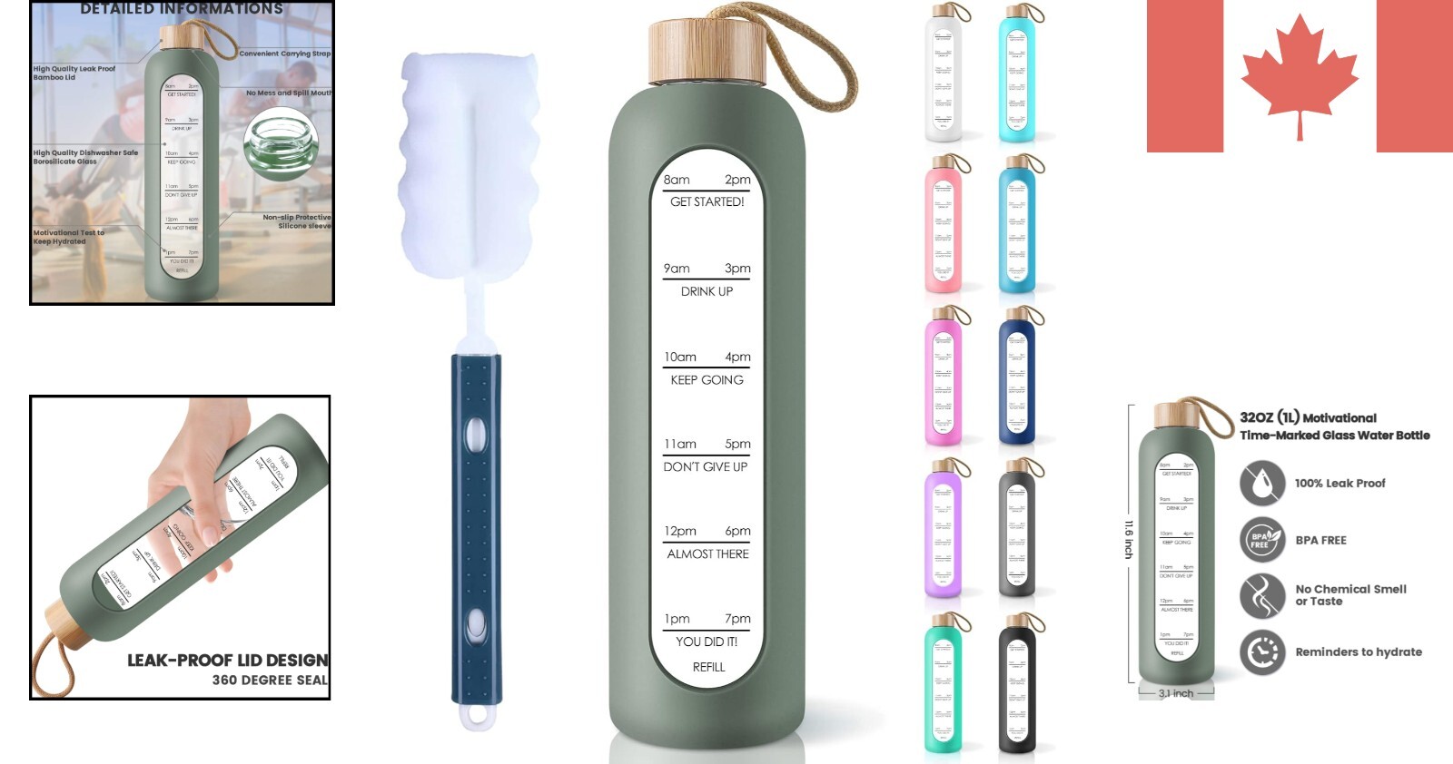 Eco-Friendly 32 Oz Glass Water Bottle with Time Markers & Silicon Sleeve – Olive