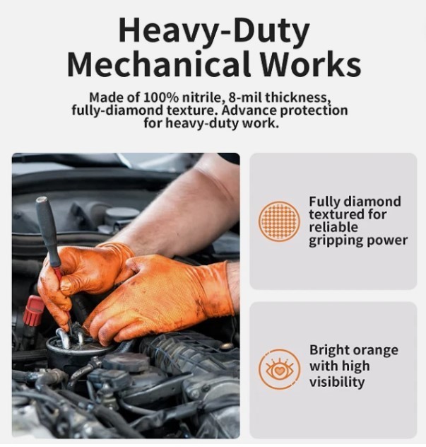 Lavex Pro Orange Heavy-Duty Nitrile Gloves — 8 Mil, Powder-Free Diamond-Textured