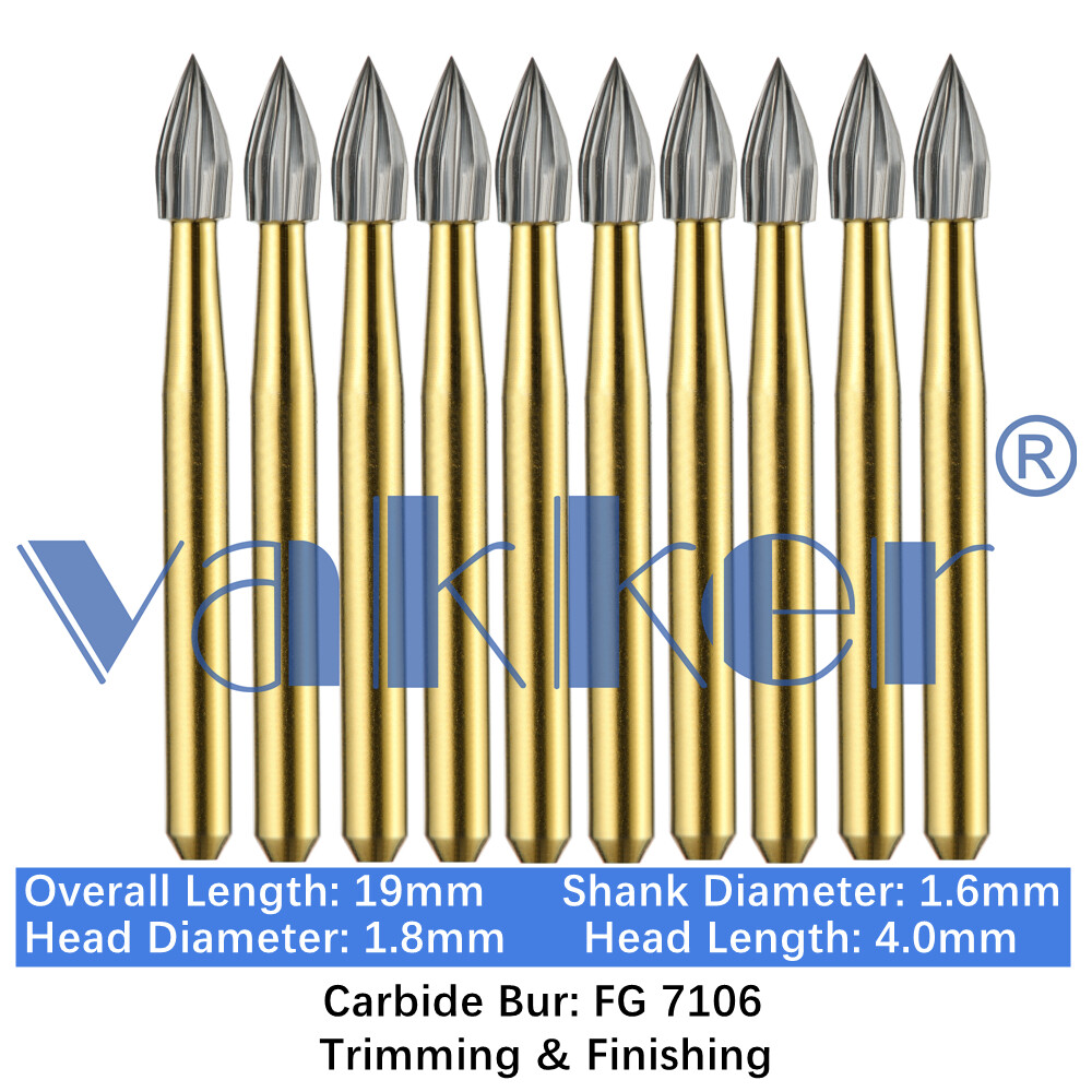 10/Pack Dental Trimming & Finishing Gold Carbide Burs Round Needle Egg FG7106
