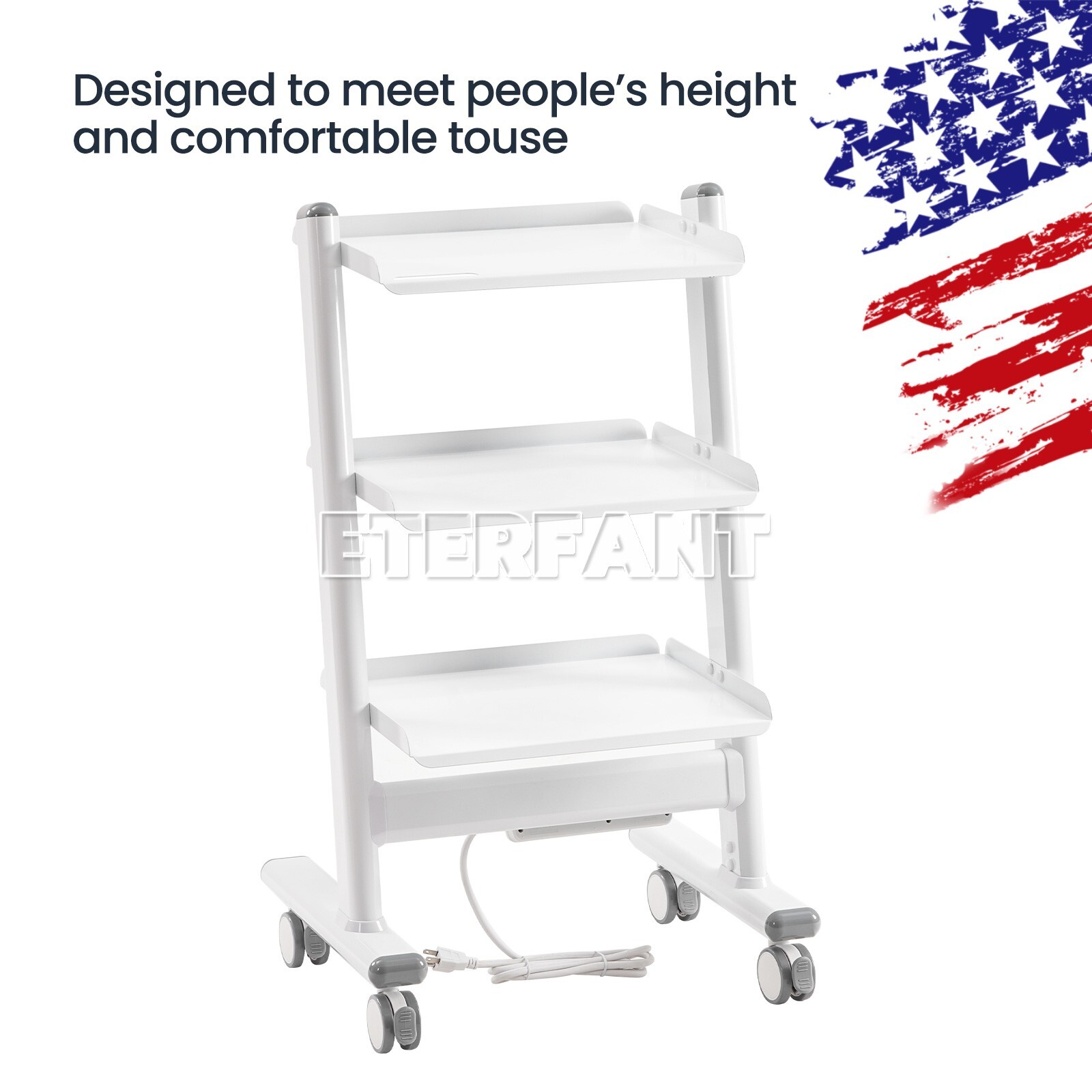 ETERFANT 3-Layer Dental Medical Trolley Stainless Steel Lab Mobile Rolling Cart