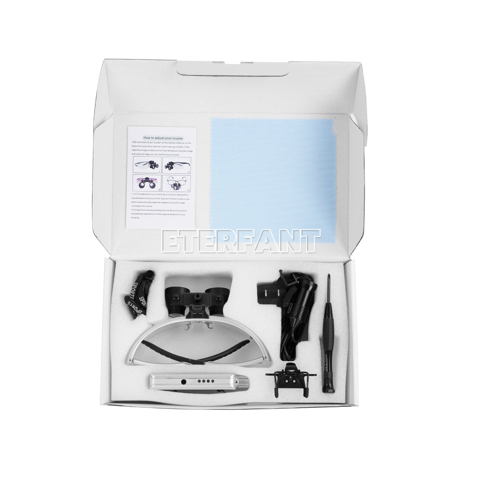 ETERFANT 3.5X Dental HD Binocular Magnifier Loupes Silver+5W LED Head Light Lamp