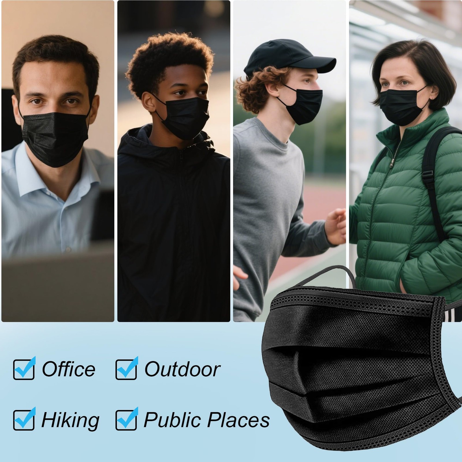 100 Pack Black Disposable Face Masks Non Woven Fabric Adult Safety Mask