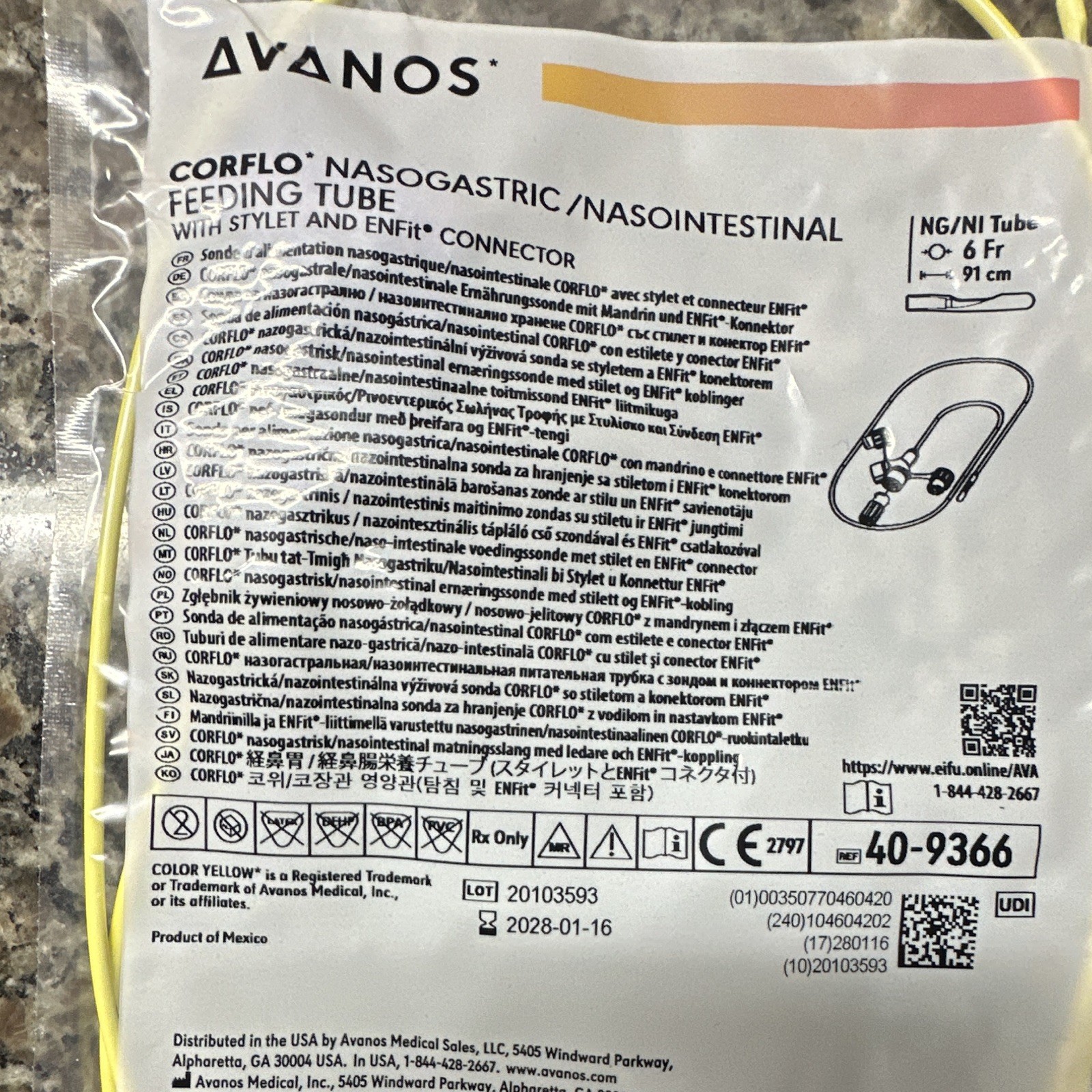 Avanos Corflo Nasogastric Feeding Tube Stylet Enfit Connector 6Fr/91cm Child