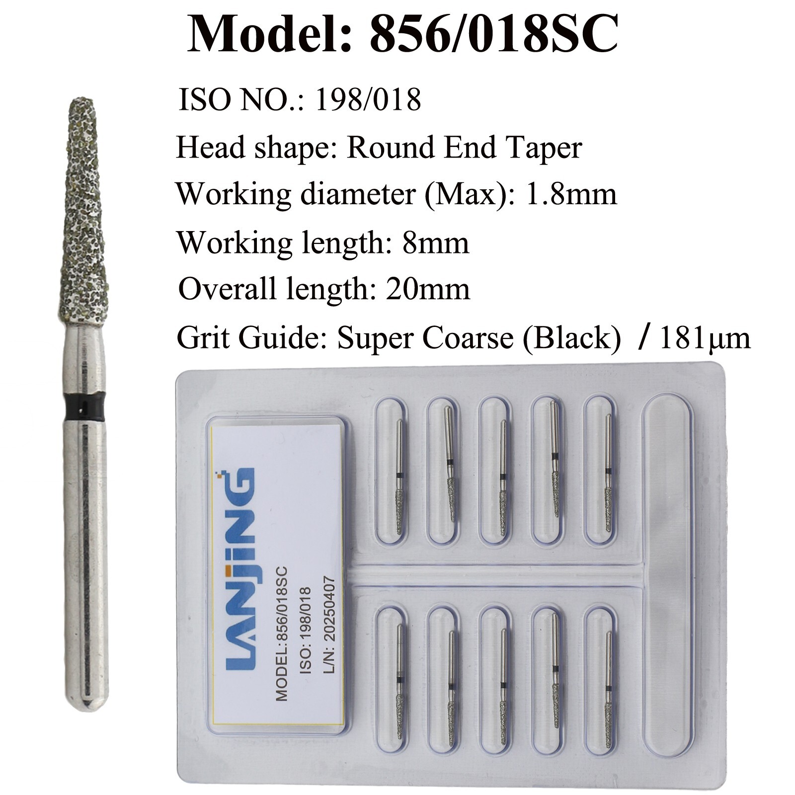 Dental Diamond Burs Round End Taper 856 850 FG Bur Super Coarse Fine High Speed