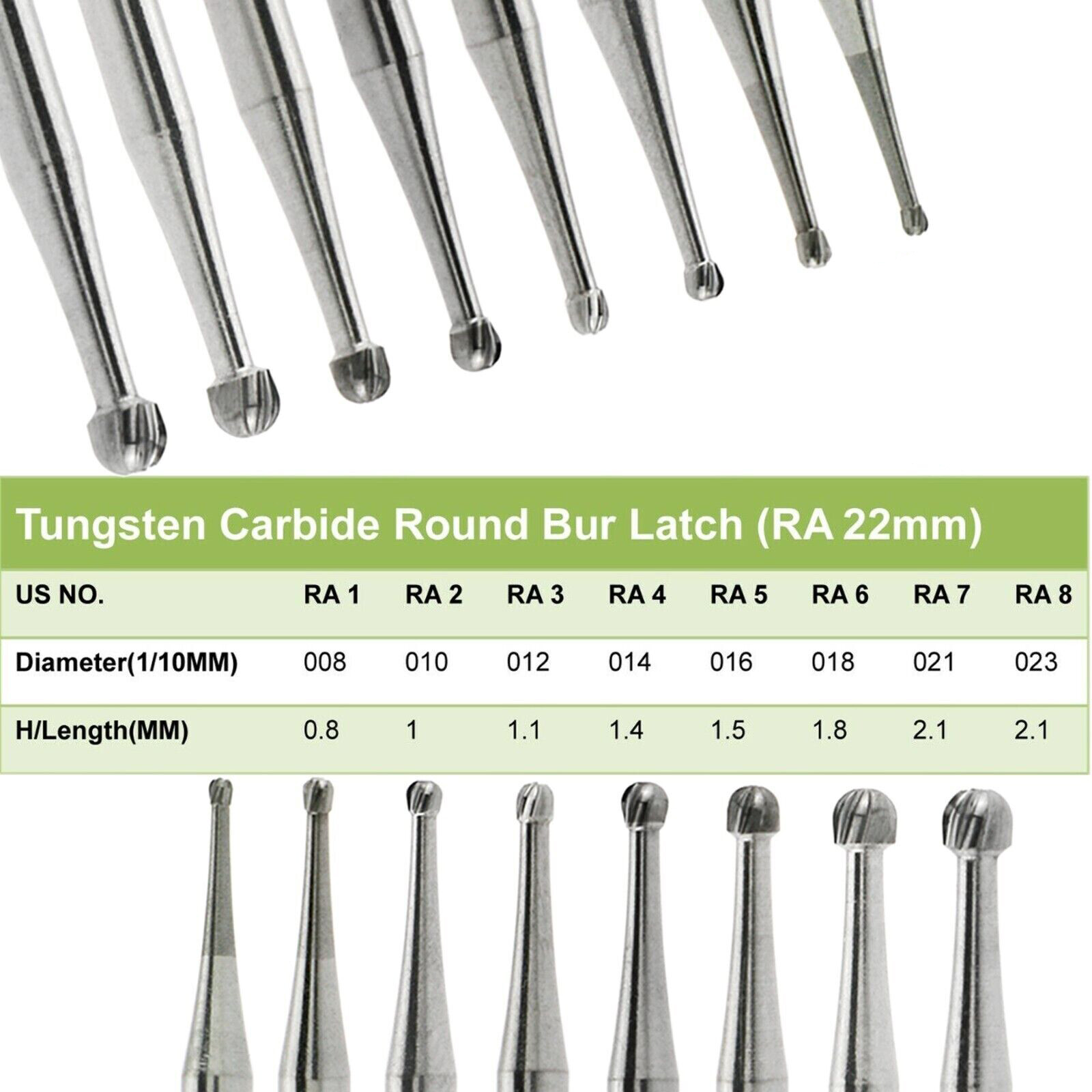 1-10 Dental Round Carbide Burs For Slow Speed Contra Angle Latch Type RA #1-8