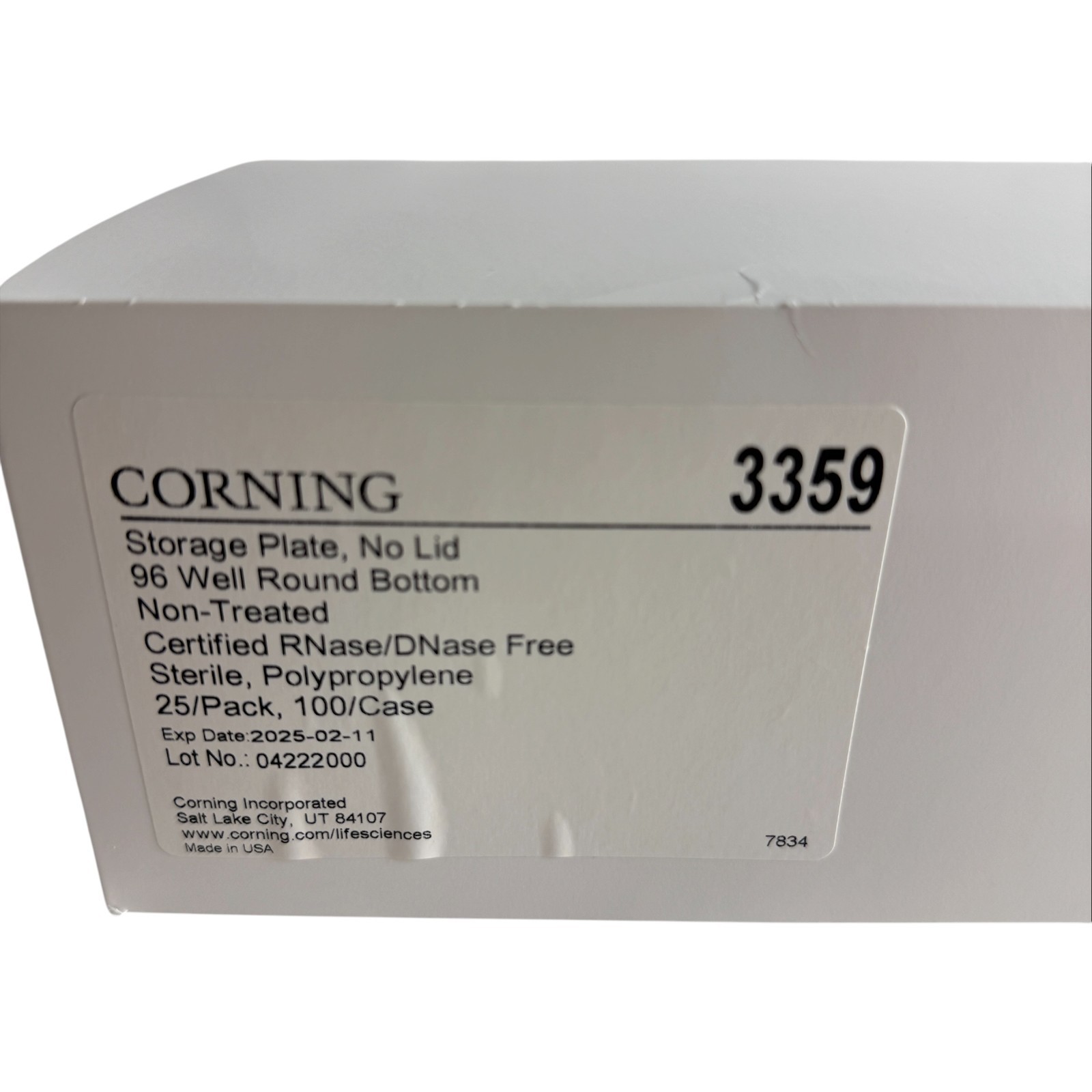 Corning 3359 Storage Plate 96-Well Round Bottom Polypropylene, 25 Pcs