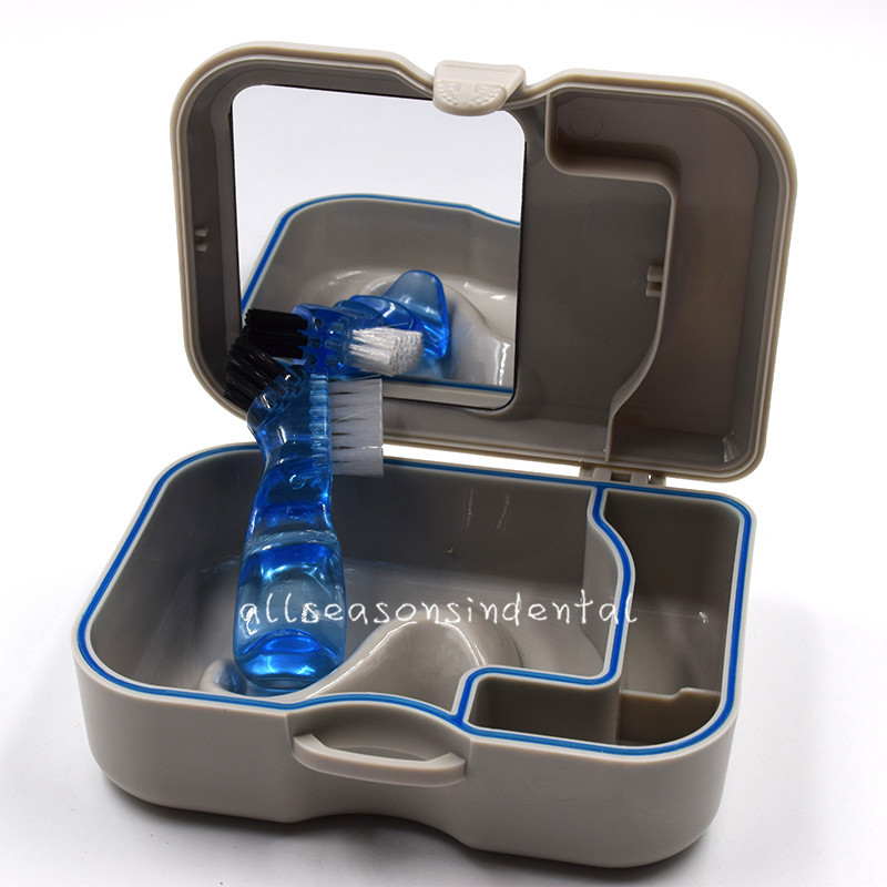 1 Pcs Denture Storage Box Case With Mirror and Clean Brush Dental Appliance Grey