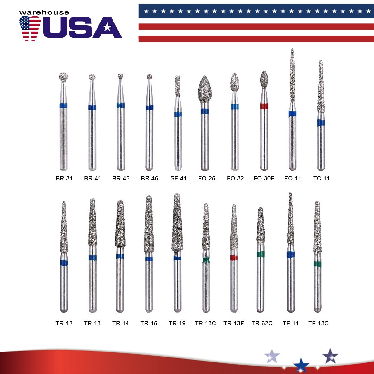 20 Types AZDENT Dental Diamond Burs Kit for High Speed Handpiece Medium FG 1.6MM