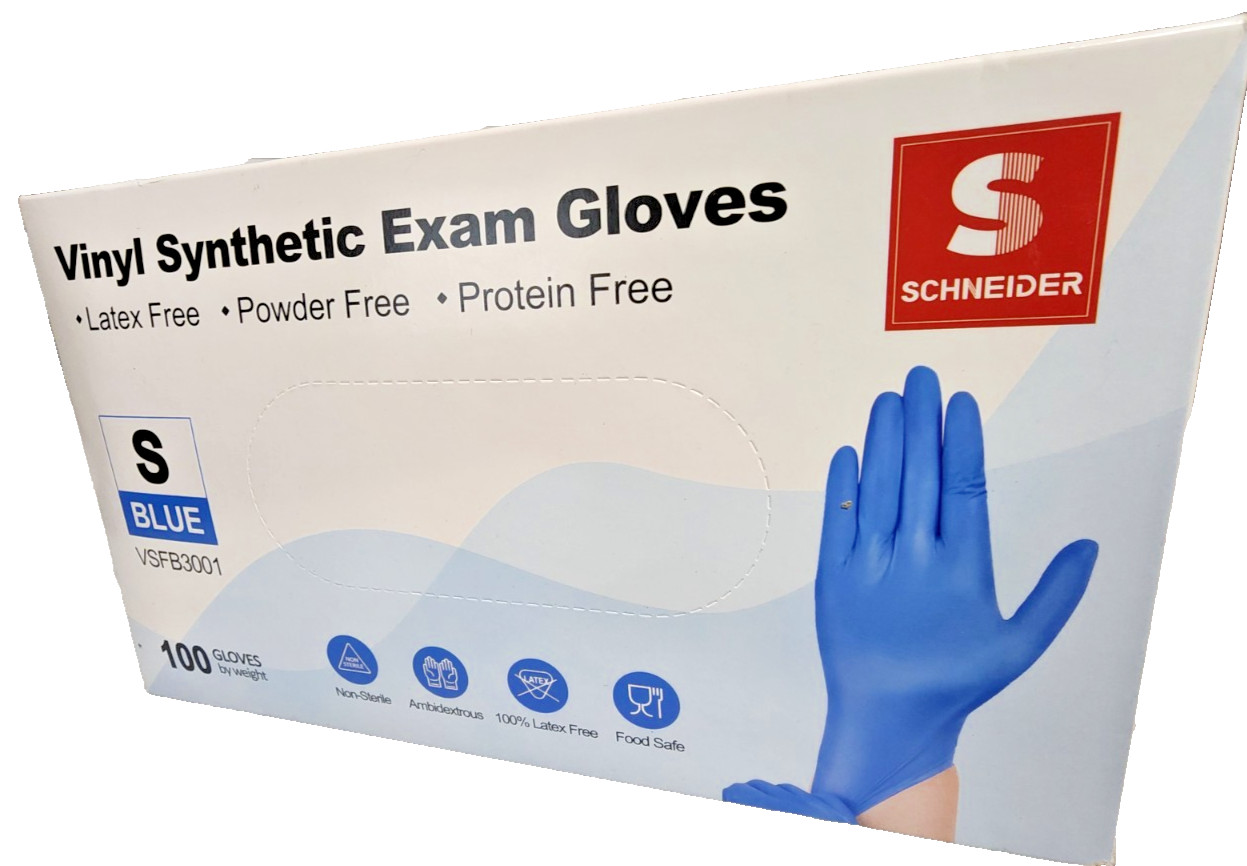 (700) Schneider Blue Vinyl Synthetic Exam Gloves 4 Mil Medical Grade Disposable