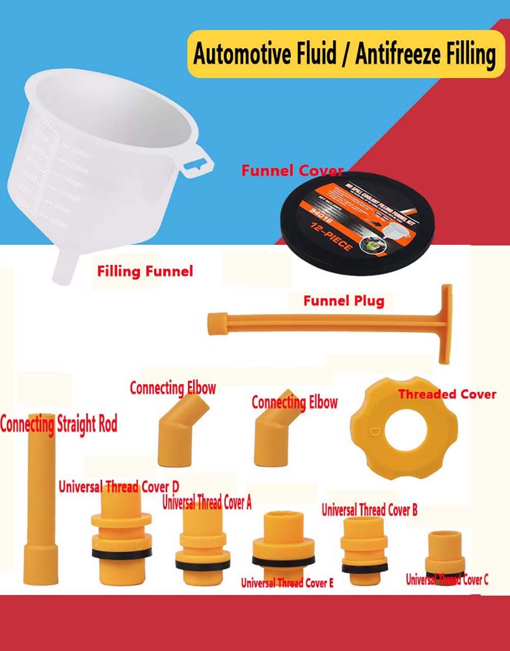 proof Transparent Lightweight Easy 12PC Antifreeze Funnel with Universal Adapter