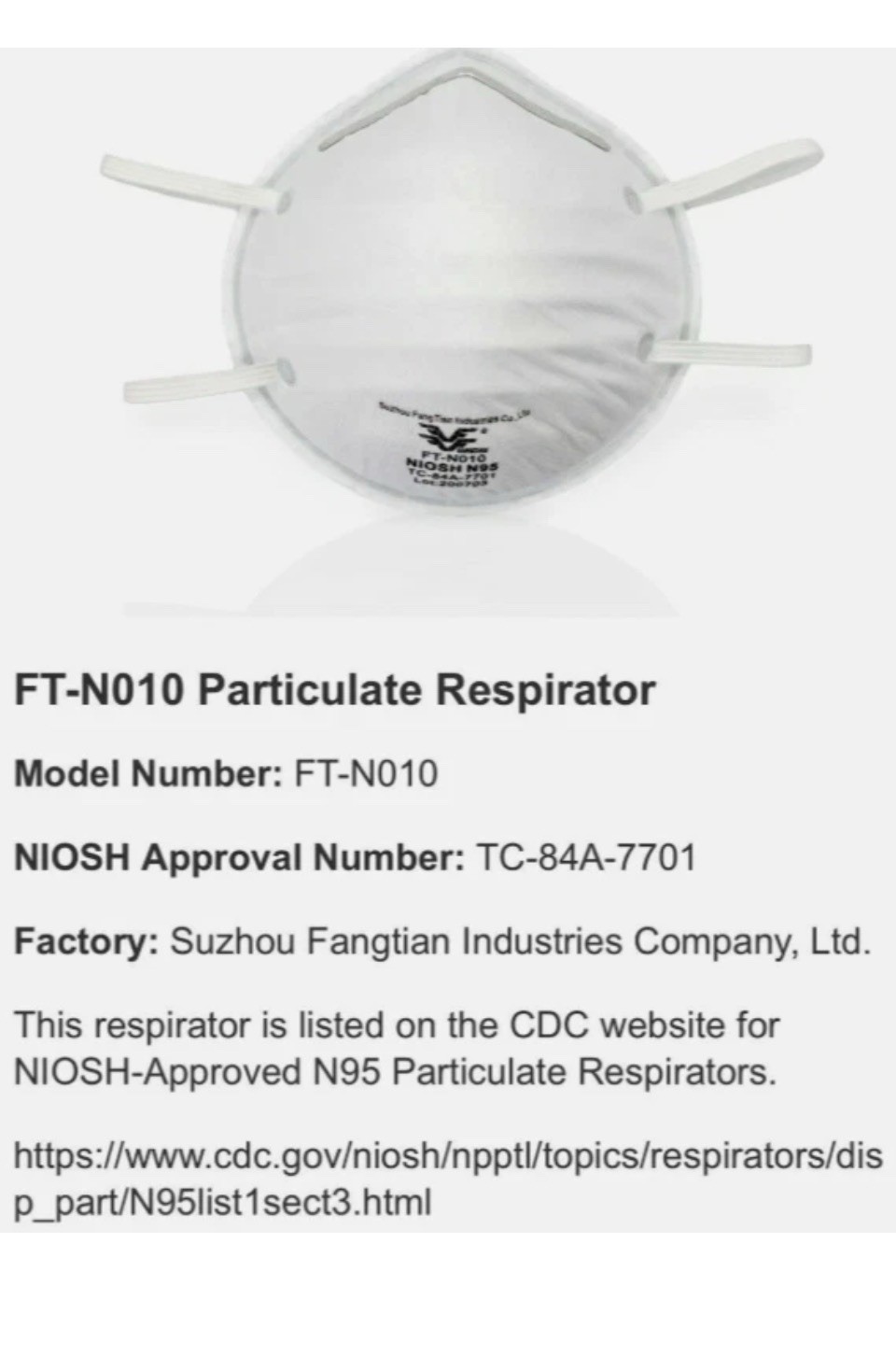 NIOSH FLTR Pure Protection Particulate Respirator N95 Mask 100-Pack
