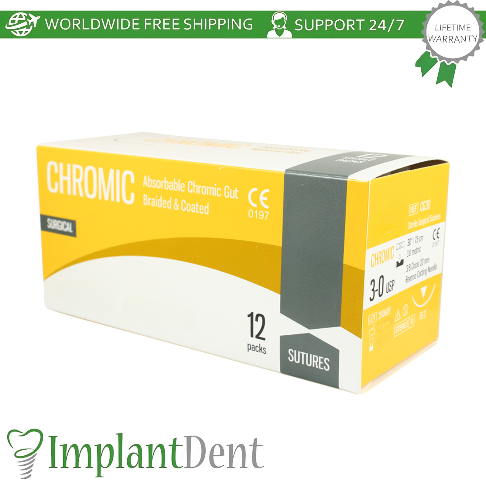 Mon0fiIament Dental CHR0MlC Thread Collagen 12pcs 3/8 Circle 20.0mm Reverse