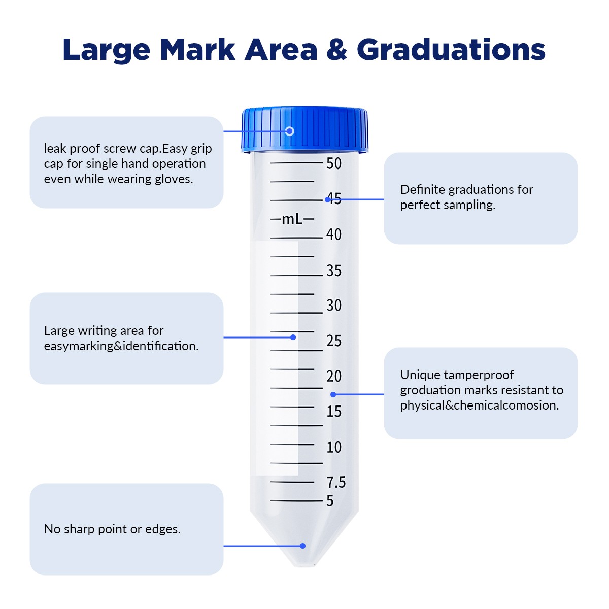 50mL Conical Centrifuge Test Tubes,Sterile,w/Screw Caps Graduated Write-on Spot